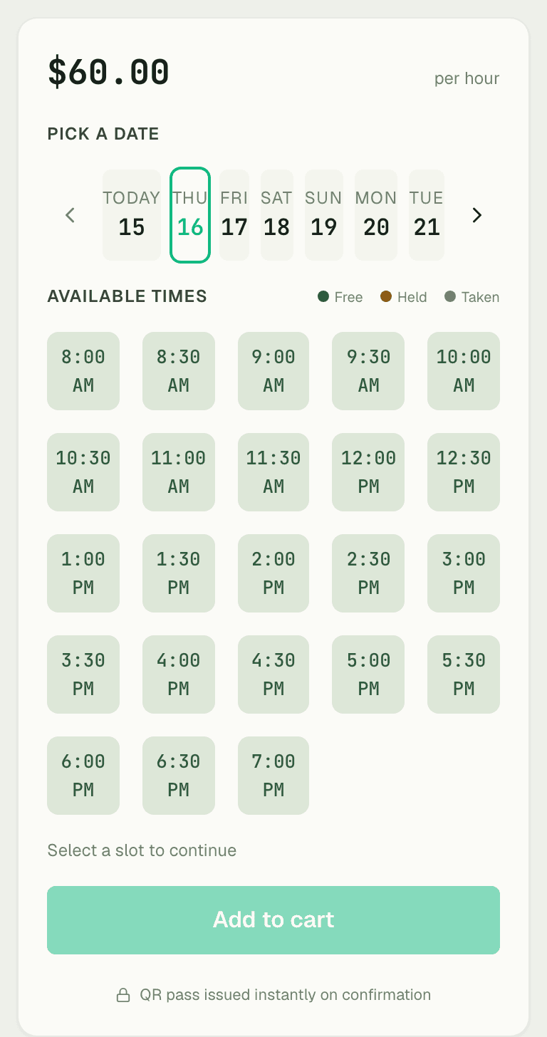 Public booking page slot picker for a court