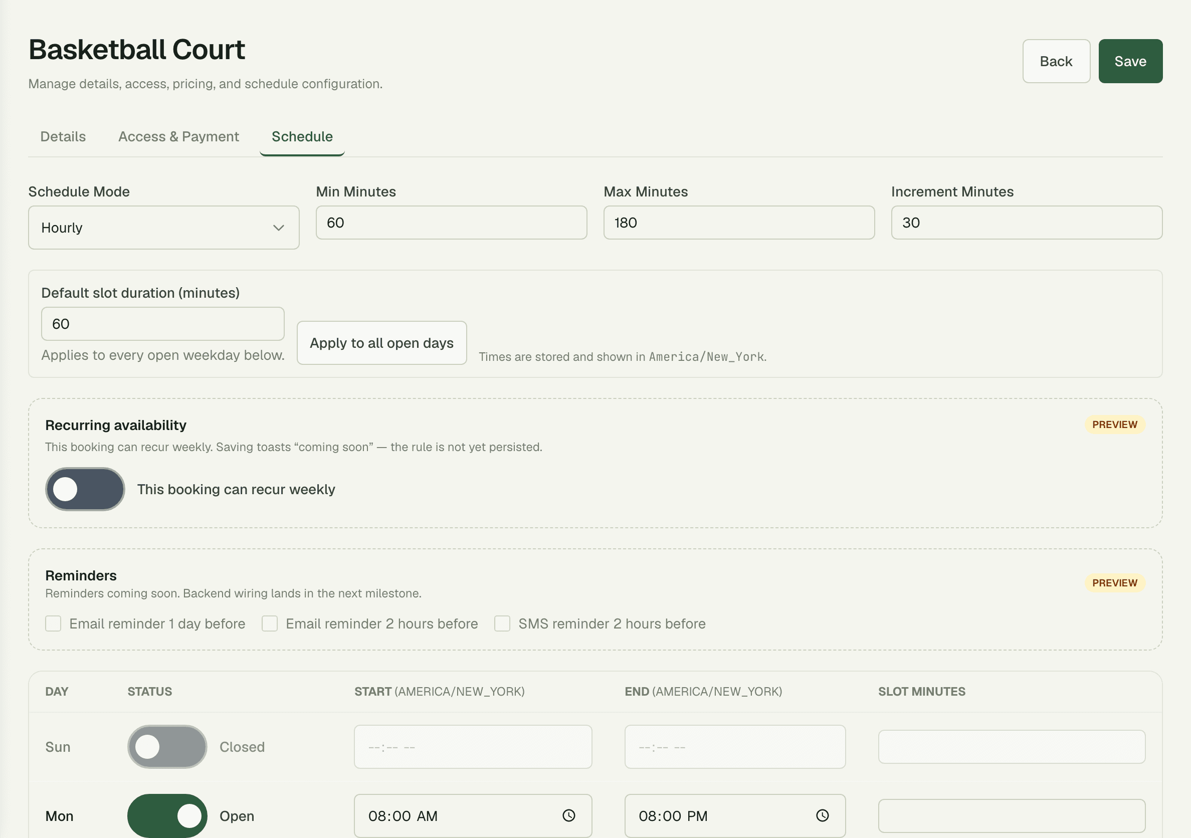 Court schedule with bookings across the day