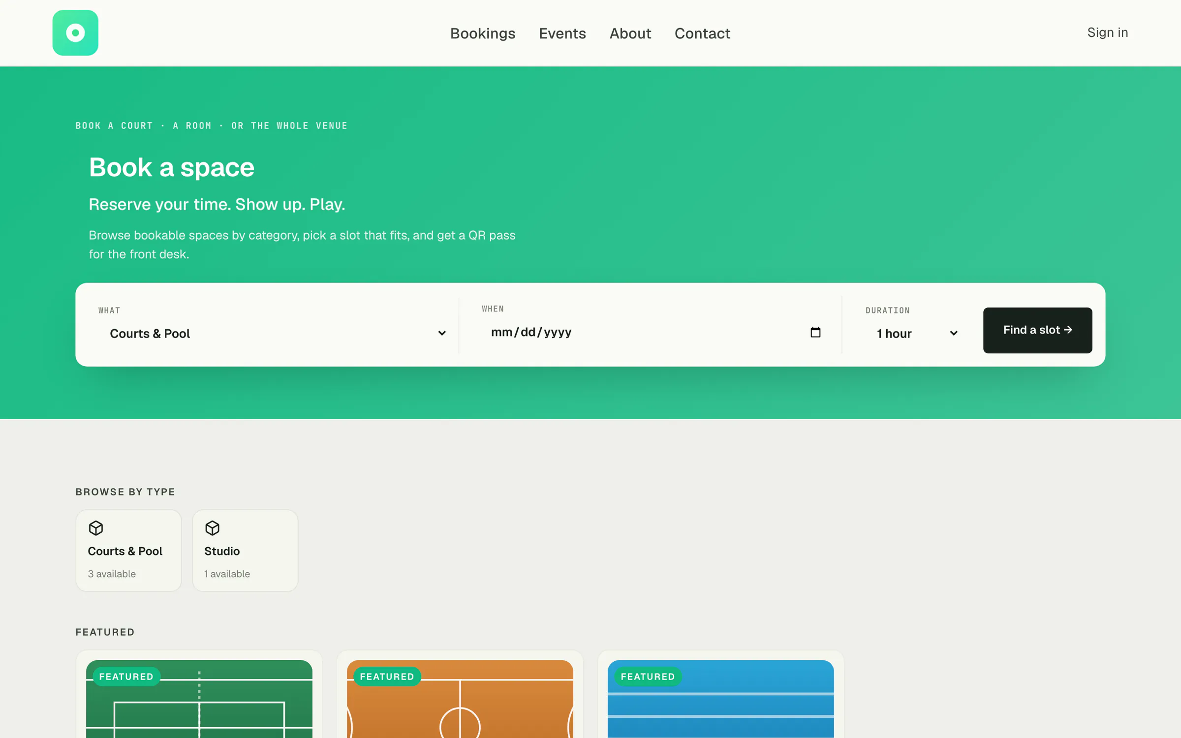 Public booking page for Northcourt Sports Club with a search for courts by type, date and duration