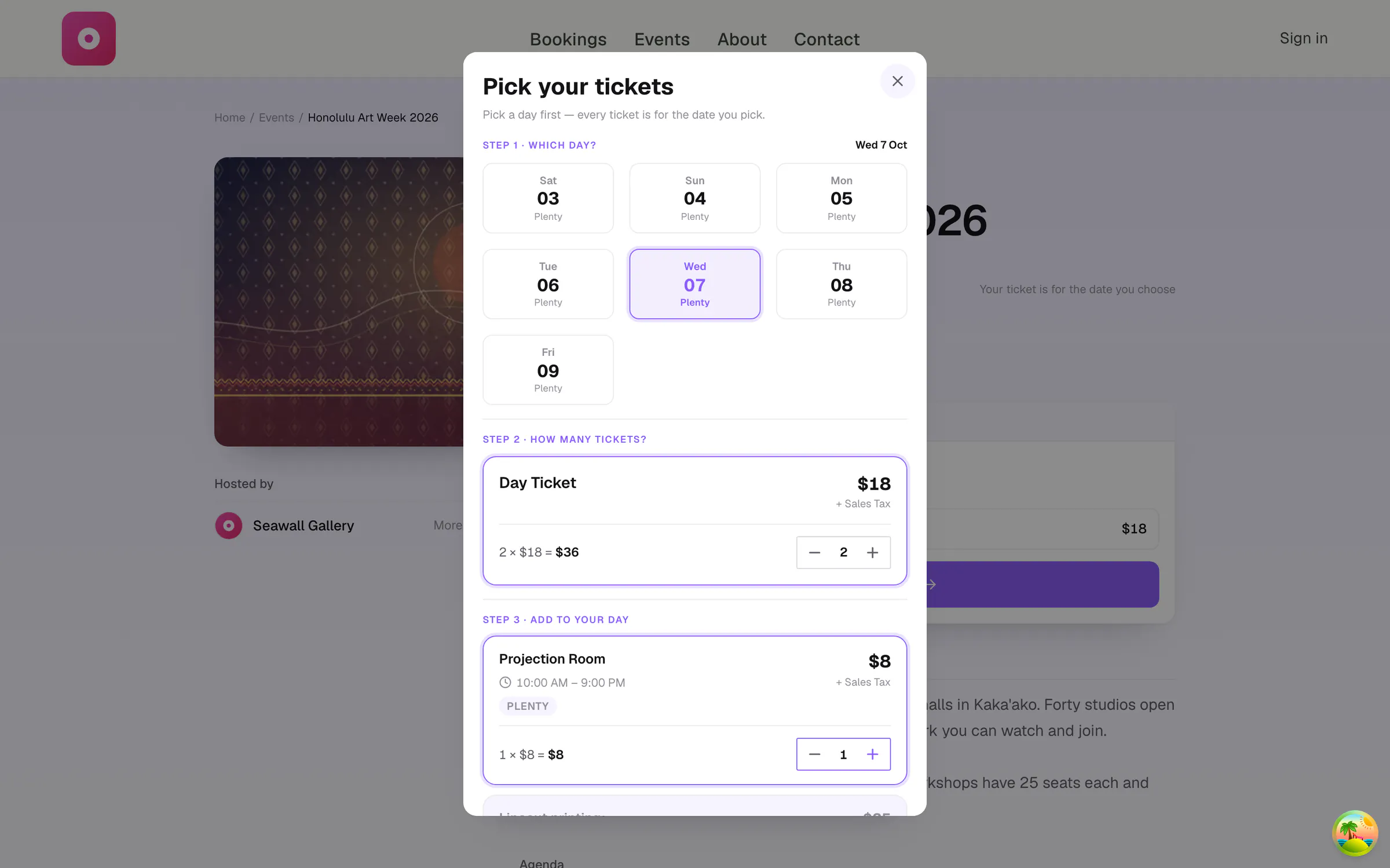 Ticket picker for Honolulu Art Week 2026 with Wednesday selected, two day tickets and one projection room add-on