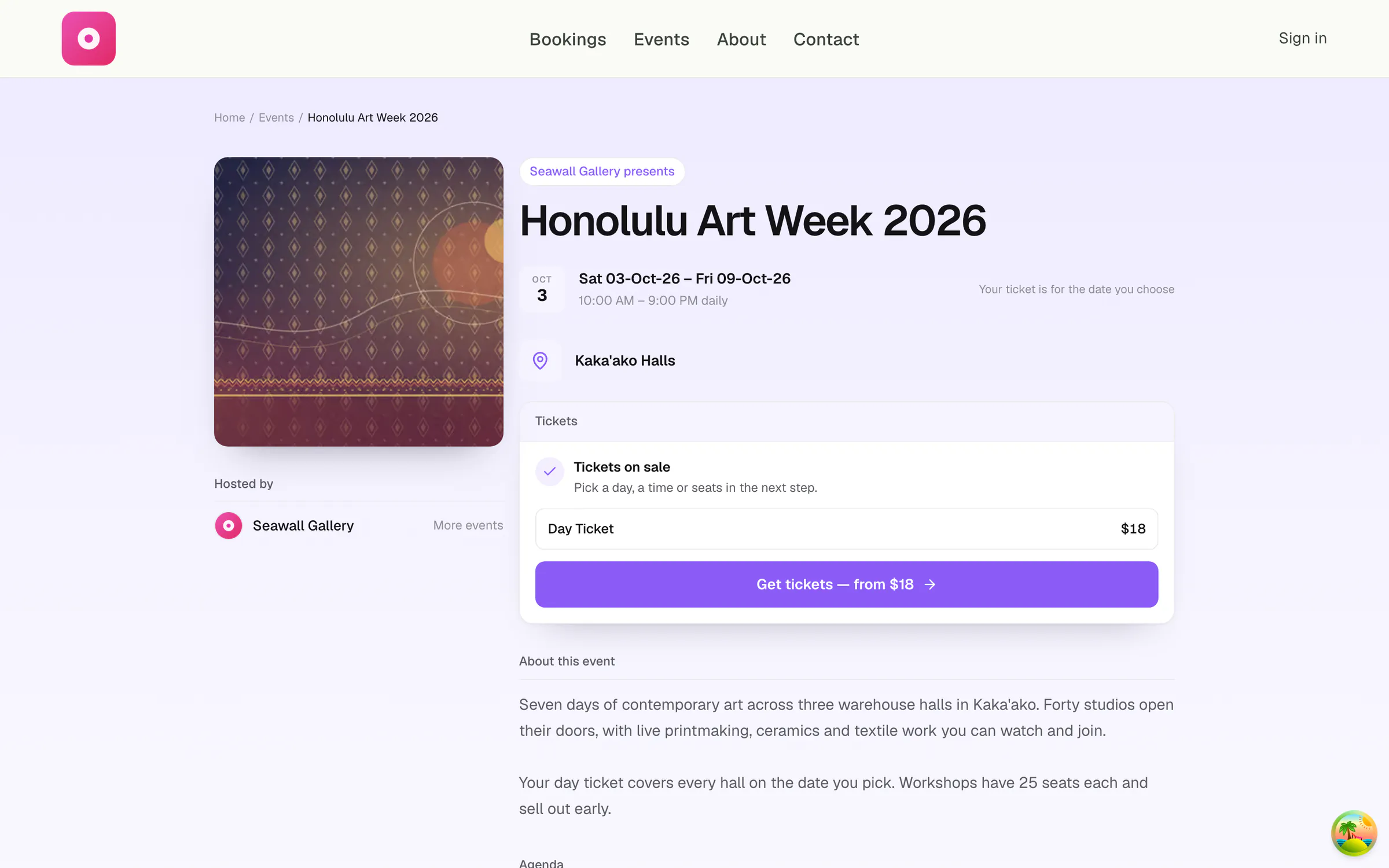 Public page for Honolulu Art Week 2026 with dates, venue, day ticket price and a Get tickets button
