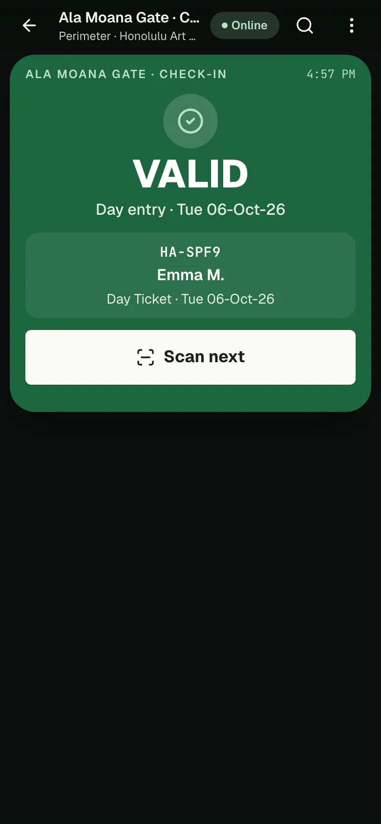 SpaceOS gate scanner on a phone showing a green VALID result for a day ticket at the Ala Moana Gate