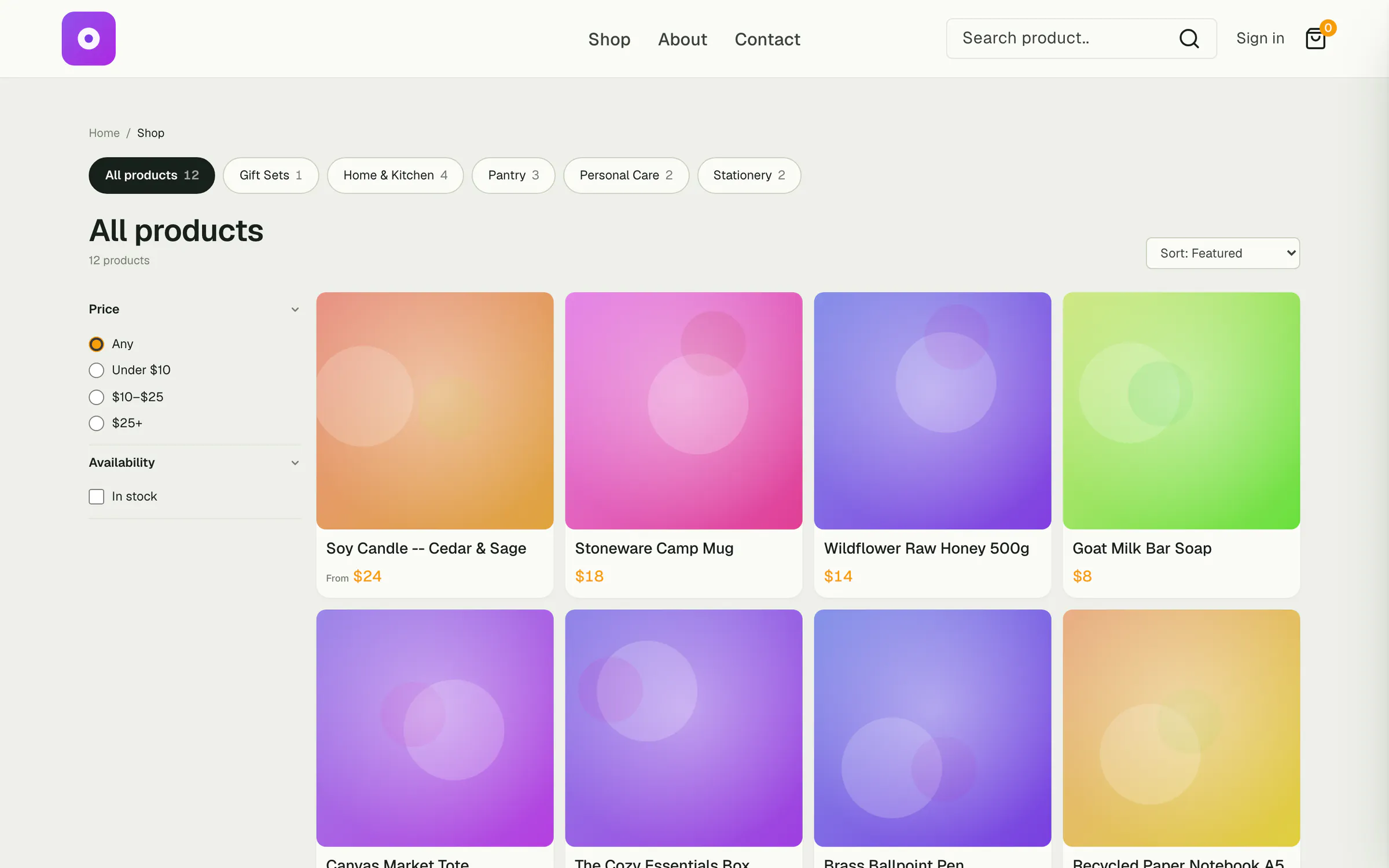Field & Fern online shop listing candles, mugs, honey and soap with category filters and prices